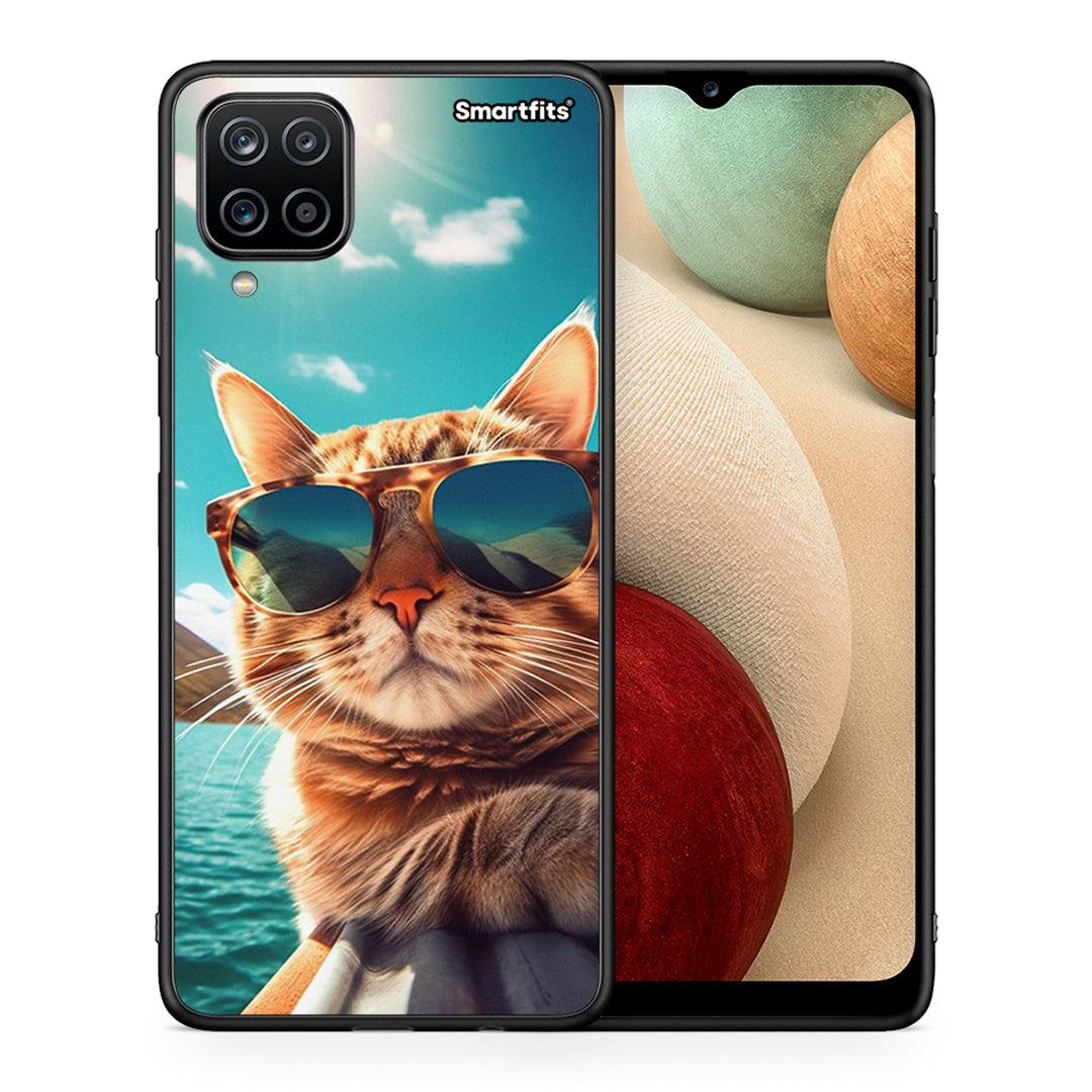 Θήκη Samsung A12 Summer Cat από τη Smartfits με σχέδιο στο πίσω μέρος και μαύρο περίβλημα | Samsung A12 Summer Cat case with colorful back and black bezels