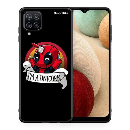 Θήκη Samsung A12 Unicorn Deadpool από τη Smartfits με σχέδιο στο πίσω μέρος και μαύρο περίβλημα | Samsung A12 Unicorn Deadpool case with colorful back and black bezels
