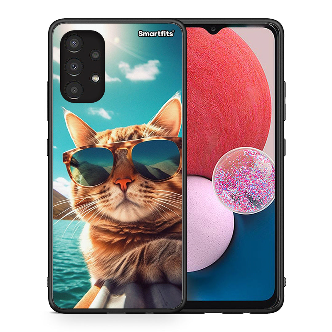 Θήκη Samsung A13 4G Summer Cat από τη Smartfits με σχέδιο στο πίσω μέρος και μαύρο περίβλημα | Samsung A13 4G Summer Cat case with colorful back and black bezels