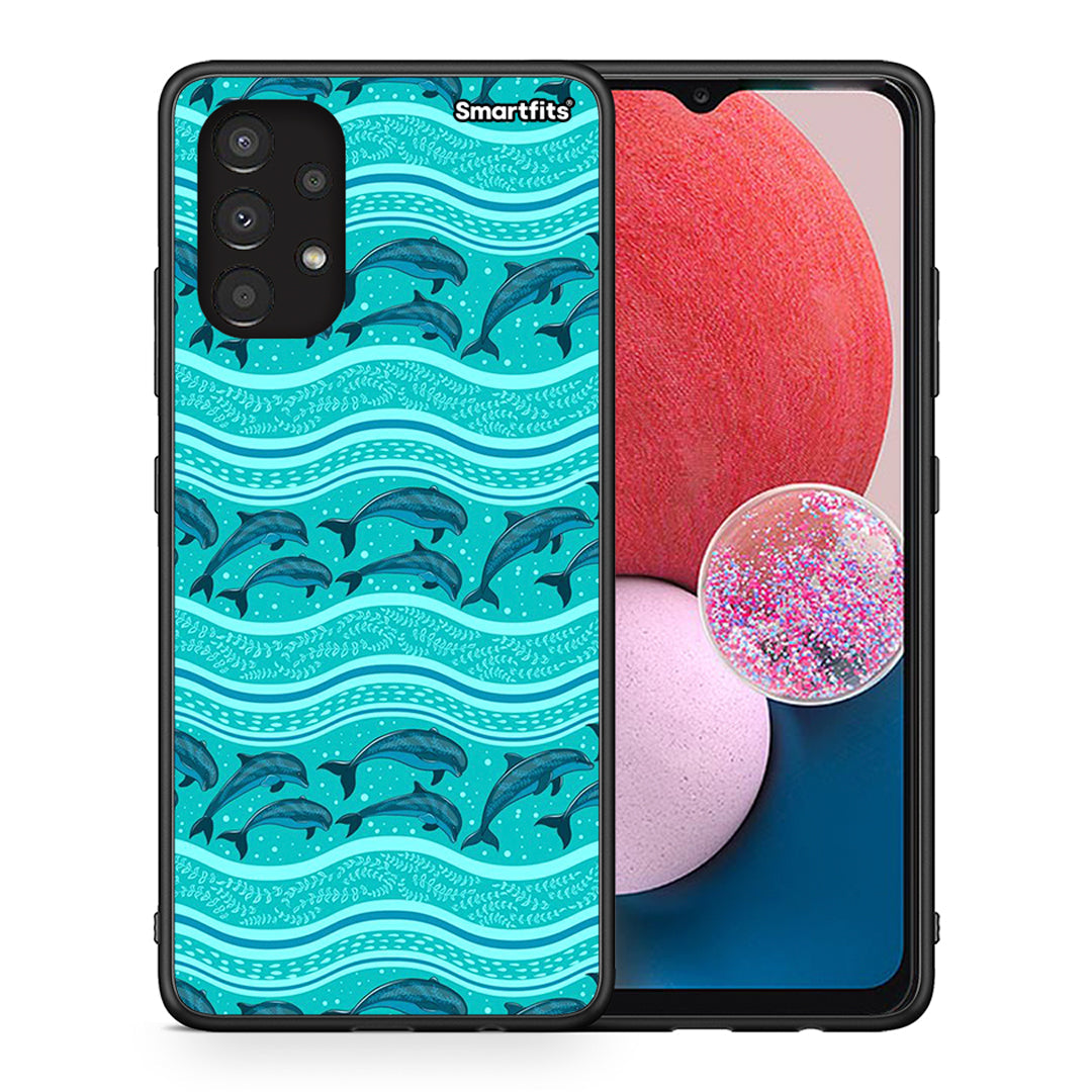 Θήκη Samsung A13 4G Swimming Dolphins από τη Smartfits με σχέδιο στο πίσω μέρος και μαύρο περίβλημα | Samsung A13 4G Swimming Dolphins case with colorful back and black bezels