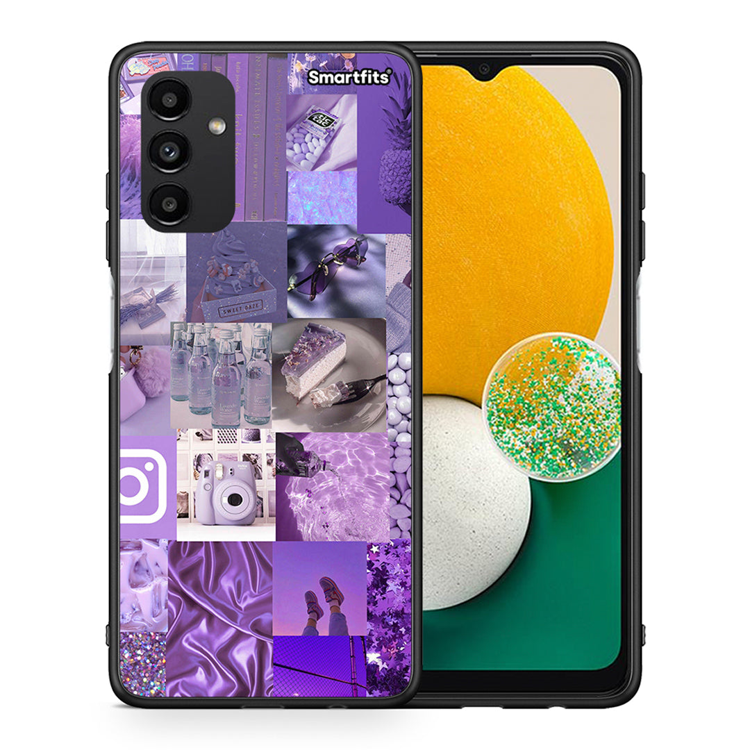 Θήκη Samsung A13 5G Purple Aesthetic Collage από τη Smartfits με σχέδιο στο πίσω μέρος και μαύρο περίβλημα | Samsung A13 5G Purple Aesthetic Collage case with colorful back and black bezels