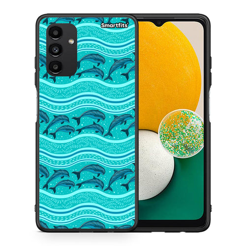 Θήκη Samsung A13 5G Swimming Dolphins από τη Smartfits με σχέδιο στο πίσω μέρος και μαύρο περίβλημα | Samsung A13 5G Swimming Dolphins case with colorful back and black bezels