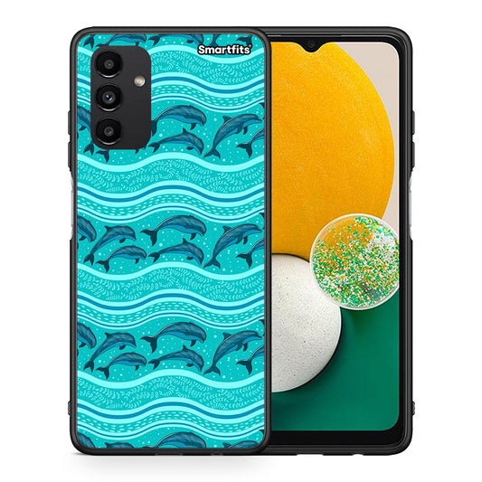 Θήκη Samsung A13 5G Swimming Dolphins από τη Smartfits με σχέδιο στο πίσω μέρος και μαύρο περίβλημα | Samsung A13 5G Swimming Dolphins case with colorful back and black bezels