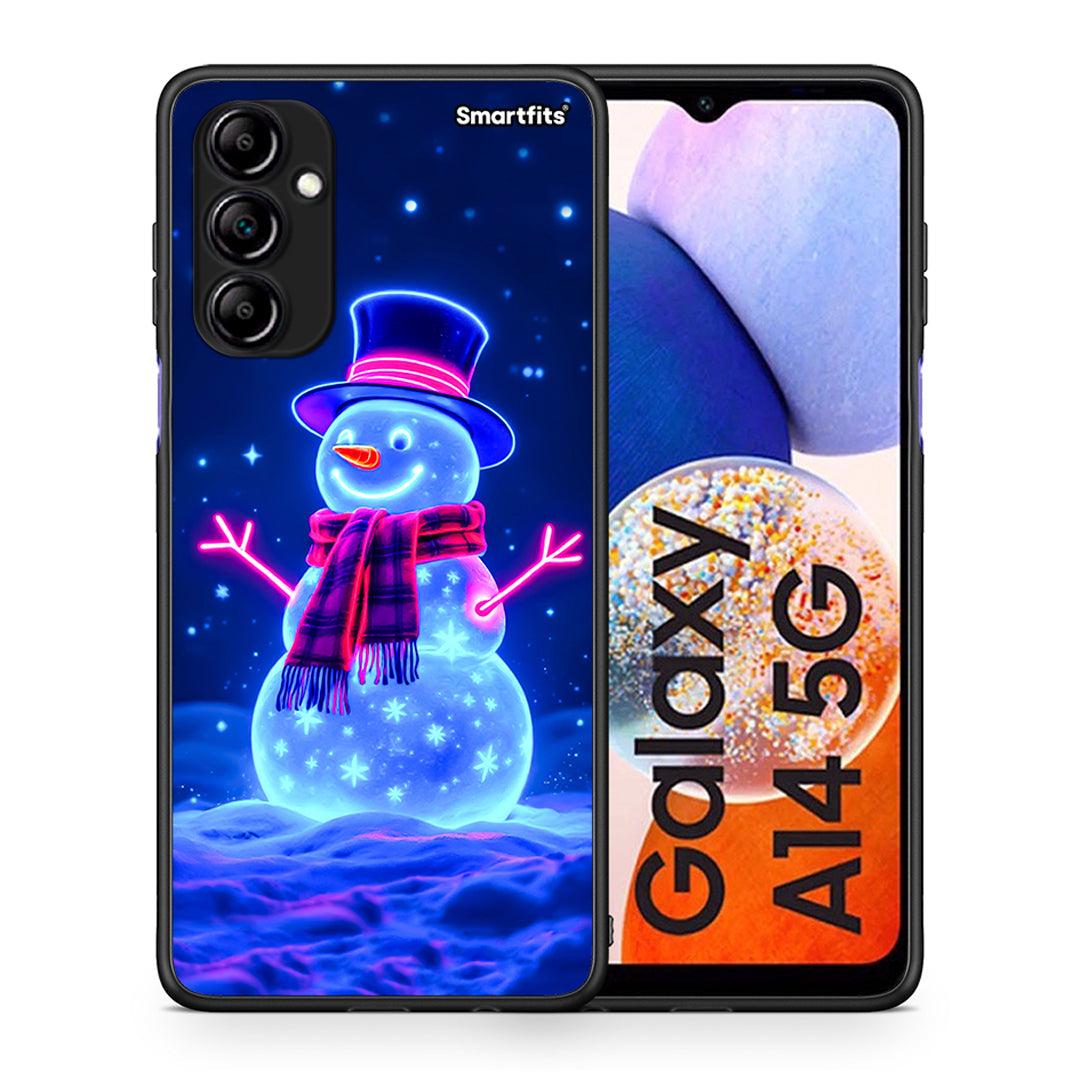 Θήκη Samsung Galaxy A14 / A14 5G Christmas Neon Snowman από τη Smartfits με σχέδιο στο πίσω μέρος και μαύρο περίβλημα | Samsung Galaxy A14 / A14 5G Christmas Neon Snowman Case with Colorful Back and Black Bezels