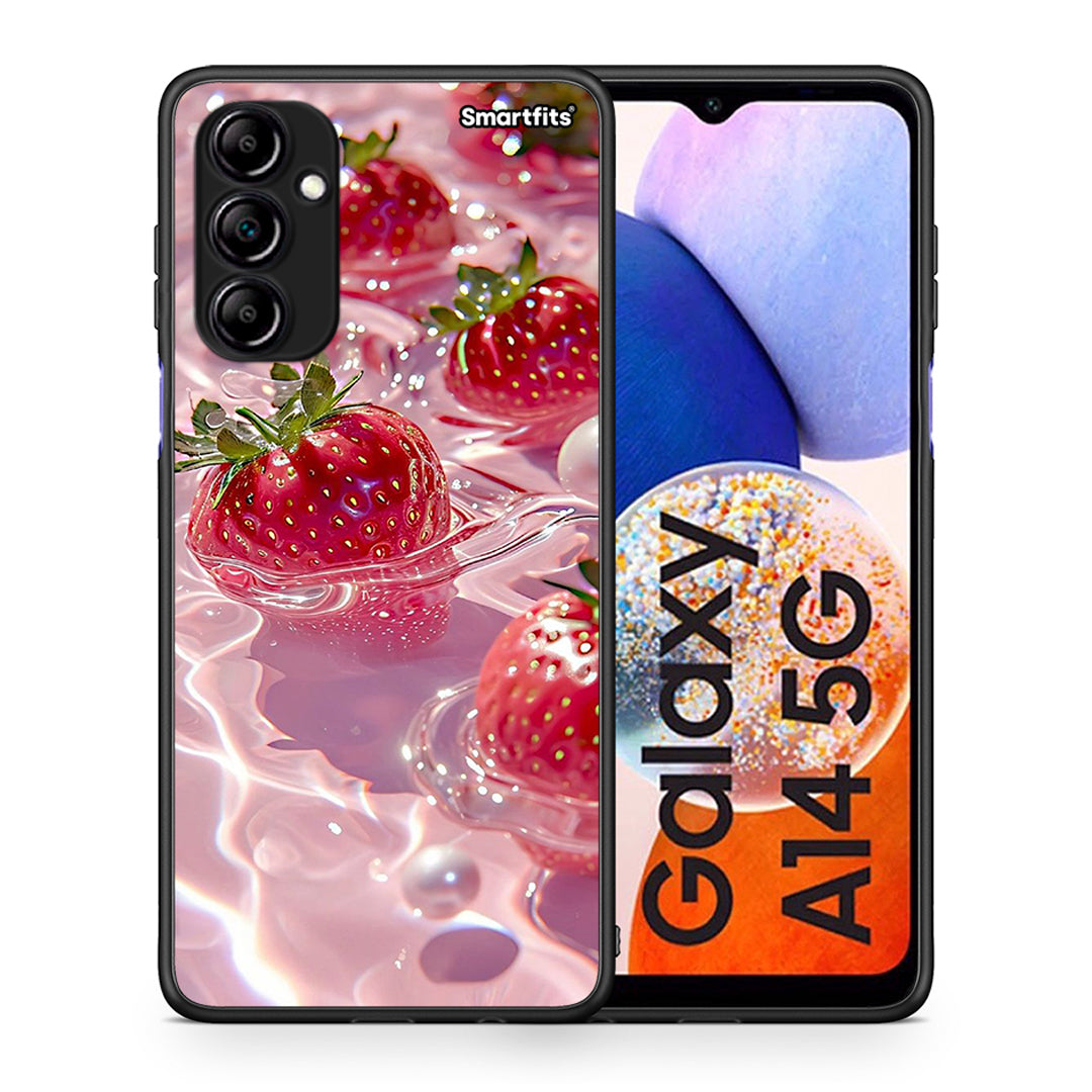 Θήκη Samsung Galaxy A14 / A14 5G Juicy Strawberries από τη Smartfits με σχέδιο στο πίσω μέρος και μαύρο περίβλημα | Samsung Galaxy A14 / A14 5G Juicy Strawberries Case with Colorful Back and Black Bezels