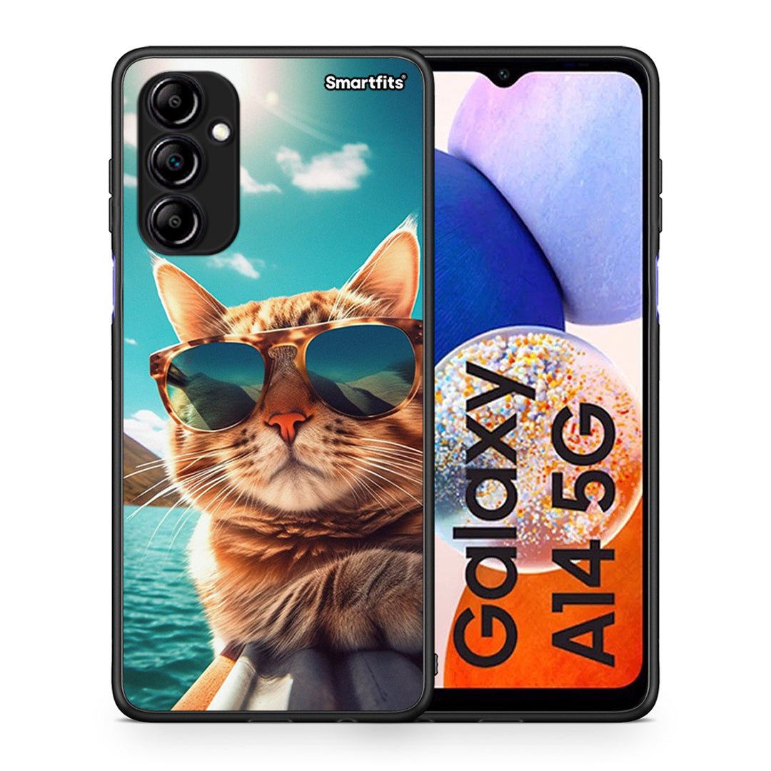 Θήκη Samsung Galaxy A14 / A14 5G Summer Cat από τη Smartfits με σχέδιο στο πίσω μέρος και μαύρο περίβλημα | Samsung Galaxy A14 / A14 5G Summer Cat Case with Colorful Back and Black Bezels