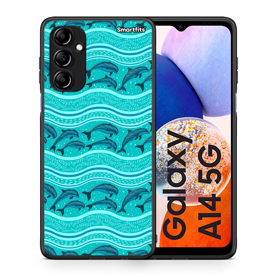 Θήκη Samsung Galaxy A14 / A14 5G Swimming Dolphins από τη Smartfits με σχέδιο στο πίσω μέρος και μαύρο περίβλημα | Samsung Galaxy A14 / A14 5G Swimming Dolphins Case with Colorful Back and Black Bezels