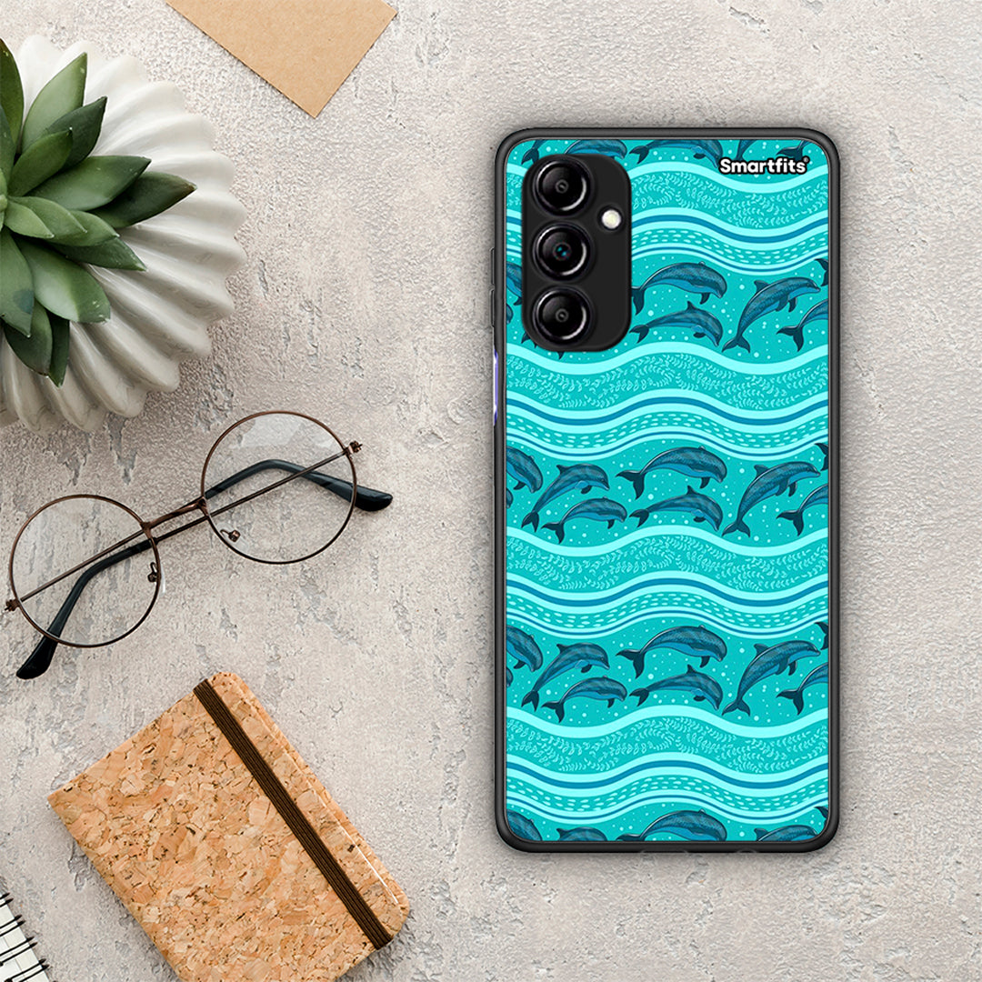 Θήκη Samsung Galaxy A14 / A14 5G Swimming Dolphins από τη Smartfits με σχέδιο στο πίσω μέρος και μαύρο περίβλημα | Samsung Galaxy A14 / A14 5G Swimming Dolphins Case with Colorful Back and Black Bezels