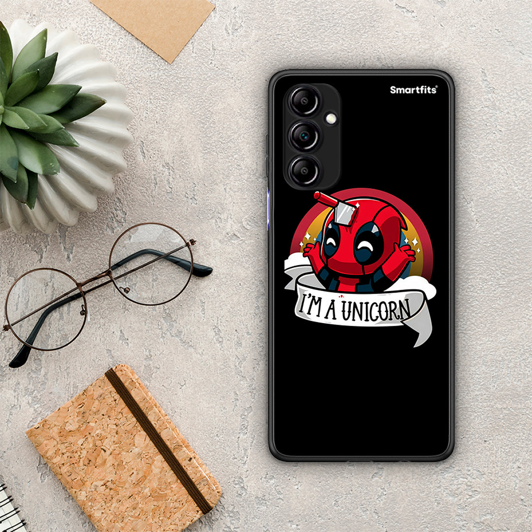 Θήκη Samsung Galaxy A14 / A14 5G Unicorn Deadpool από τη Smartfits με σχέδιο στο πίσω μέρος και μαύρο περίβλημα | Samsung Galaxy A14 / A14 5G Unicorn Deadpool Case with Colorful Back and Black Bezels