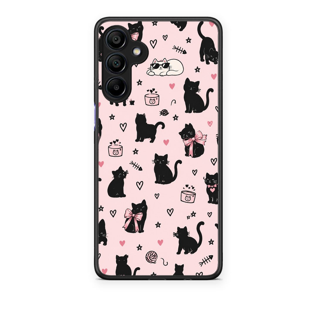 Θήκη Samsung Galaxy A15 4G / 5G Black Cat Doodles on Pink από τη Smartfits με σχέδιο στο πίσω μέρος και μαύρο περίβλημα | Samsung Galaxy A15 4G / 5G Black Cat Doodles on Pink case with colorful back and black bezels