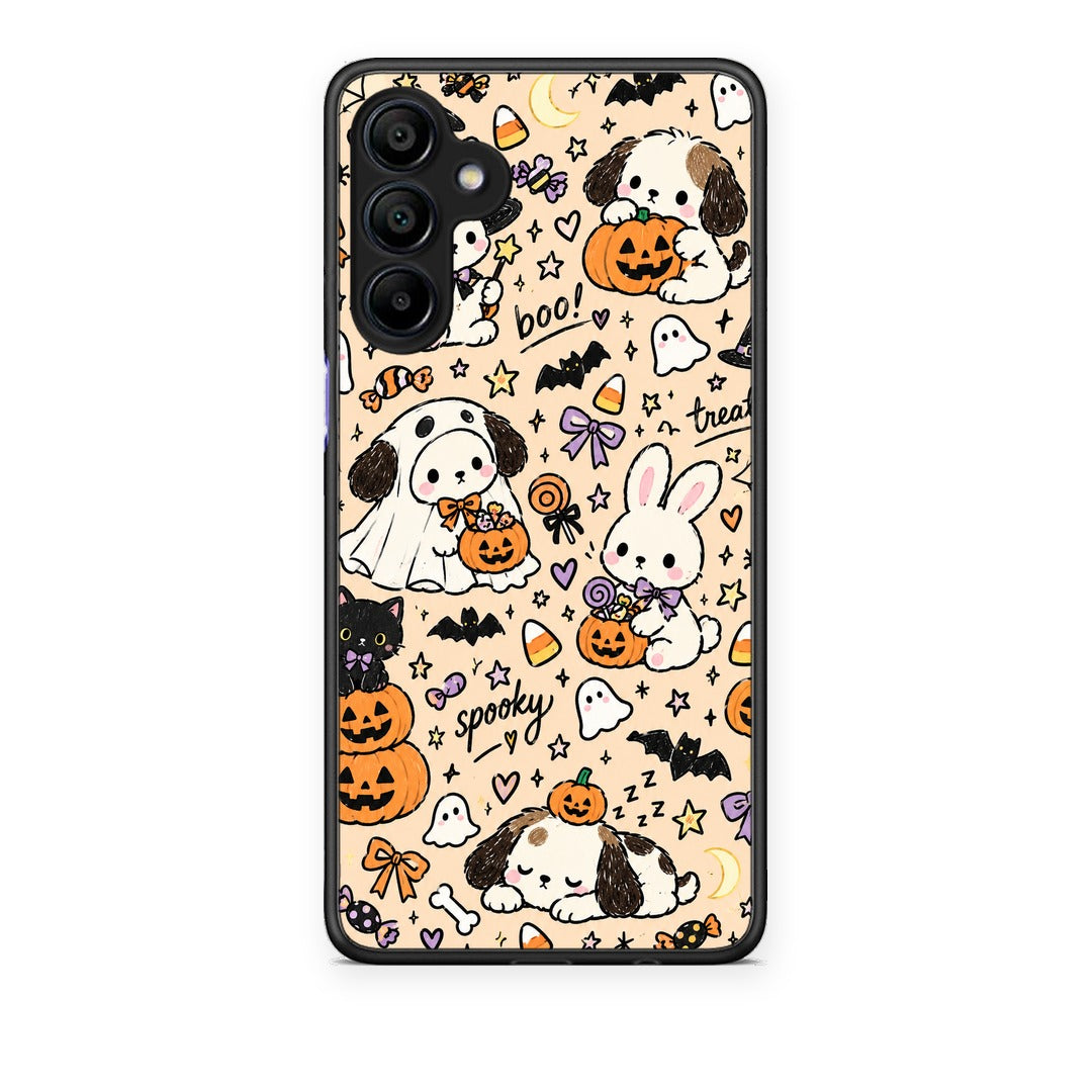 Θήκη Samsung Galaxy A15 4G / 5G Halloween Puppies and Friends on Cream από τη Smartfits με σχέδιο στο πίσω μέρος και μαύρο περίβλημα | Samsung Galaxy A15 4G / 5G Halloween Puppies and Friends on Cream case with colorful back and black bezels