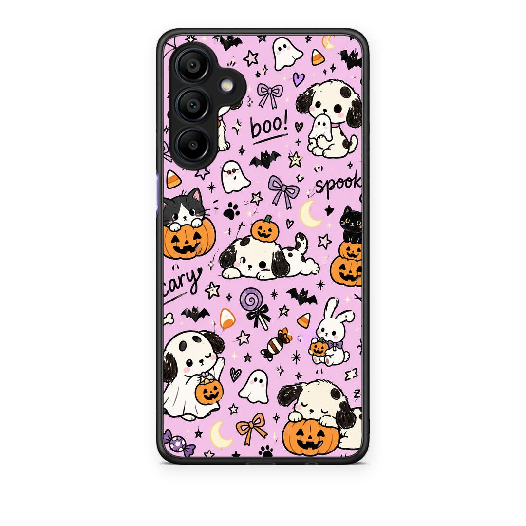 Θήκη Samsung Galaxy A15 4G / 5G Halloween Puppies and Friends on Lilac από τη Smartfits με σχέδιο στο πίσω μέρος και μαύρο περίβλημα | Samsung Galaxy A15 4G / 5G Halloween Puppies and Friends on Lilac case with colorful back and black bezels
