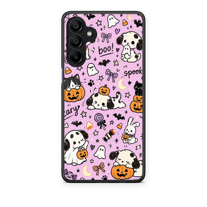 Θήκη Samsung Galaxy A15 4G / 5G Halloween Puppies and Friends on Lilac από τη Smartfits με σχέδιο στο πίσω μέρος και μαύρο περίβλημα | Samsung Galaxy A15 4G / 5G Halloween Puppies and Friends on Lilac case with colorful back and black bezels