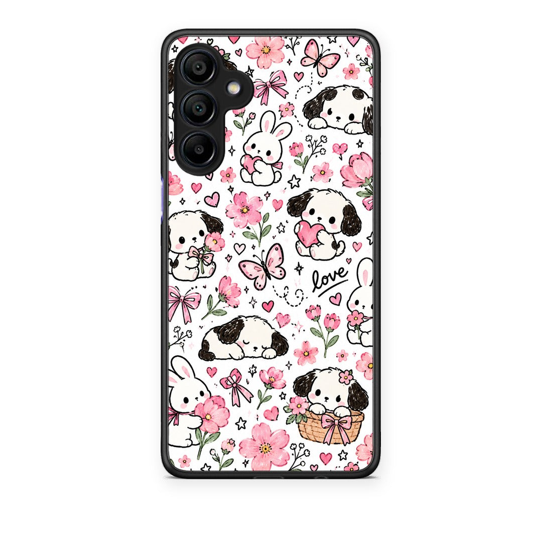 Θήκη Samsung Galaxy A15 4G / 5G Pink Florals Puppies and Bunnies on White από τη Smartfits με σχέδιο στο πίσω μέρος και μαύρο περίβλημα | Samsung Galaxy A15 4G / 5G Pink Florals Puppies and Bunnies on White case with colorful back and black bezels