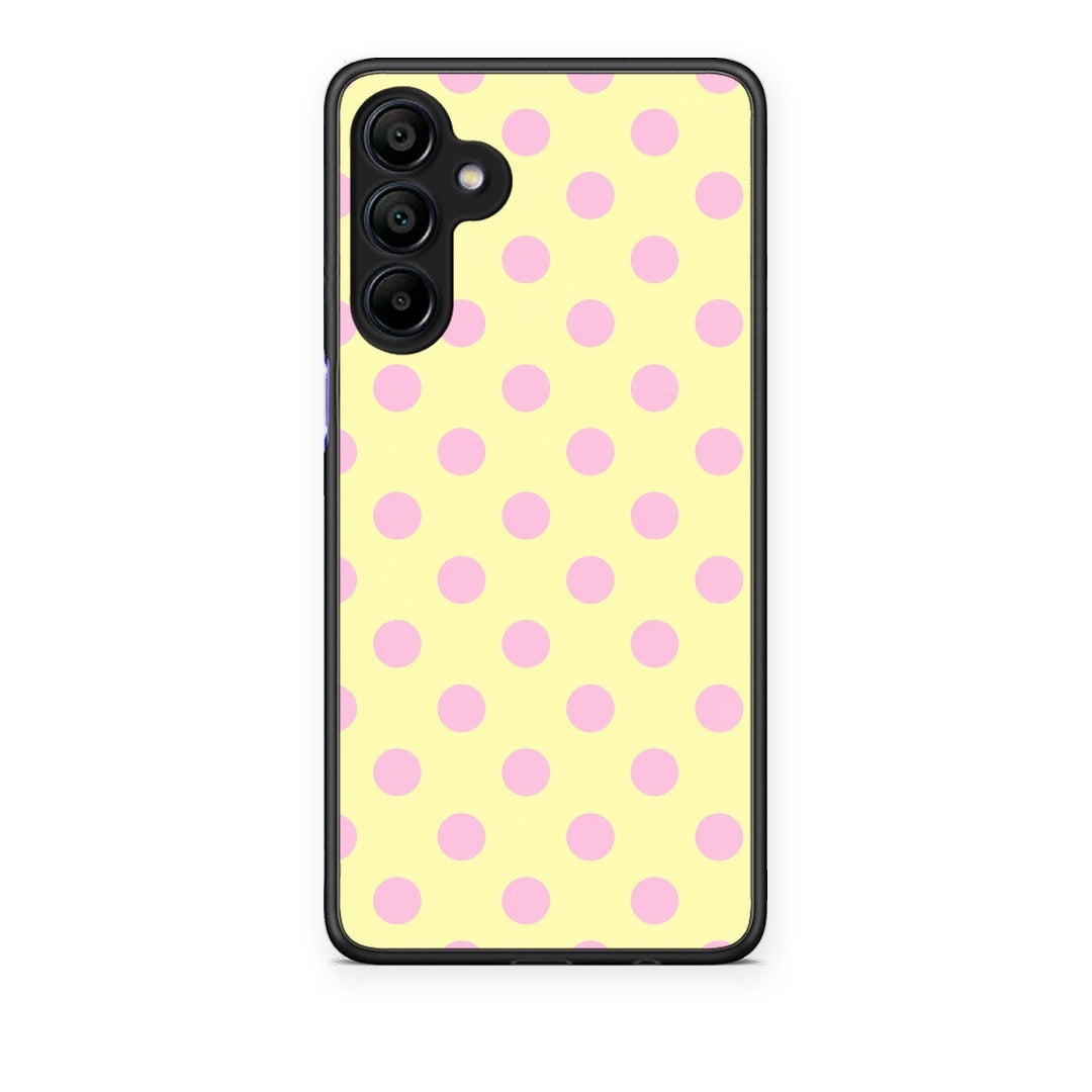 Θήκη Samsung Galaxy A15 4G / 5G Pink Polka Dots on Yellow από τη Smartfits με σχέδιο στο πίσω μέρος και μαύρο περίβλημα | Samsung Galaxy A15 4G / 5G Pink Polka Dots on Yellow case with colorful back and black bezels