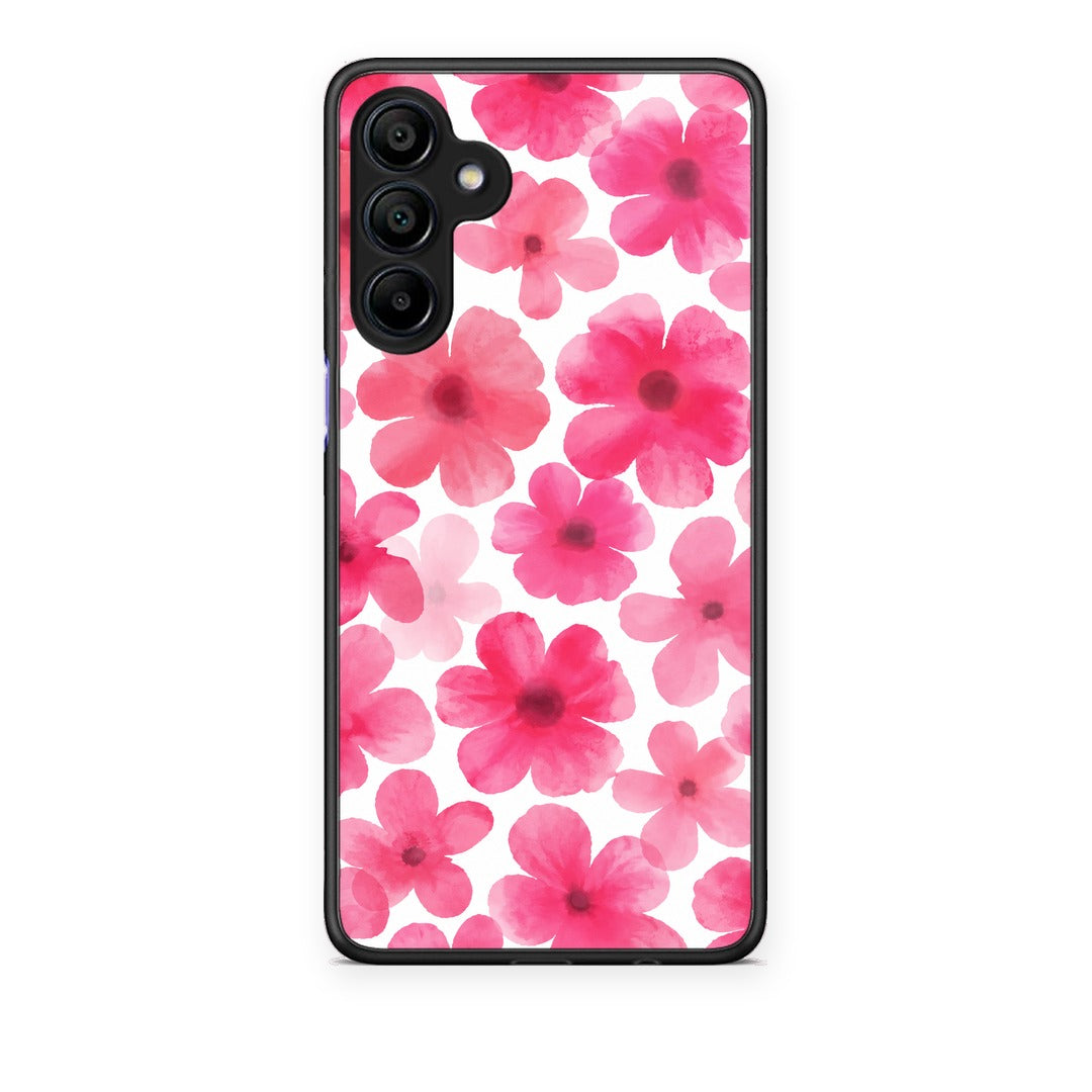 Θήκη Samsung Galaxy A15 4G / 5G Pink Watercolour Flowers on White από τη Smartfits με σχέδιο στο πίσω μέρος και μαύρο περίβλημα | Samsung Galaxy A15 4G / 5G Pink Watercolour Flowers on White case with colorful back and black bezels