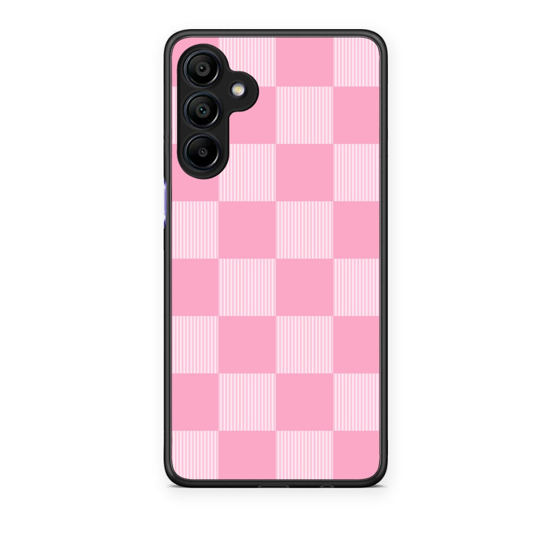 Θήκη Samsung Galaxy A15 4G / 5G Pink and White Striped Checks από τη Smartfits με σχέδιο στο πίσω μέρος και μαύρο περίβλημα | Samsung Galaxy A15 4G / 5G Pink and White Striped Checks case with colorful back and black bezels