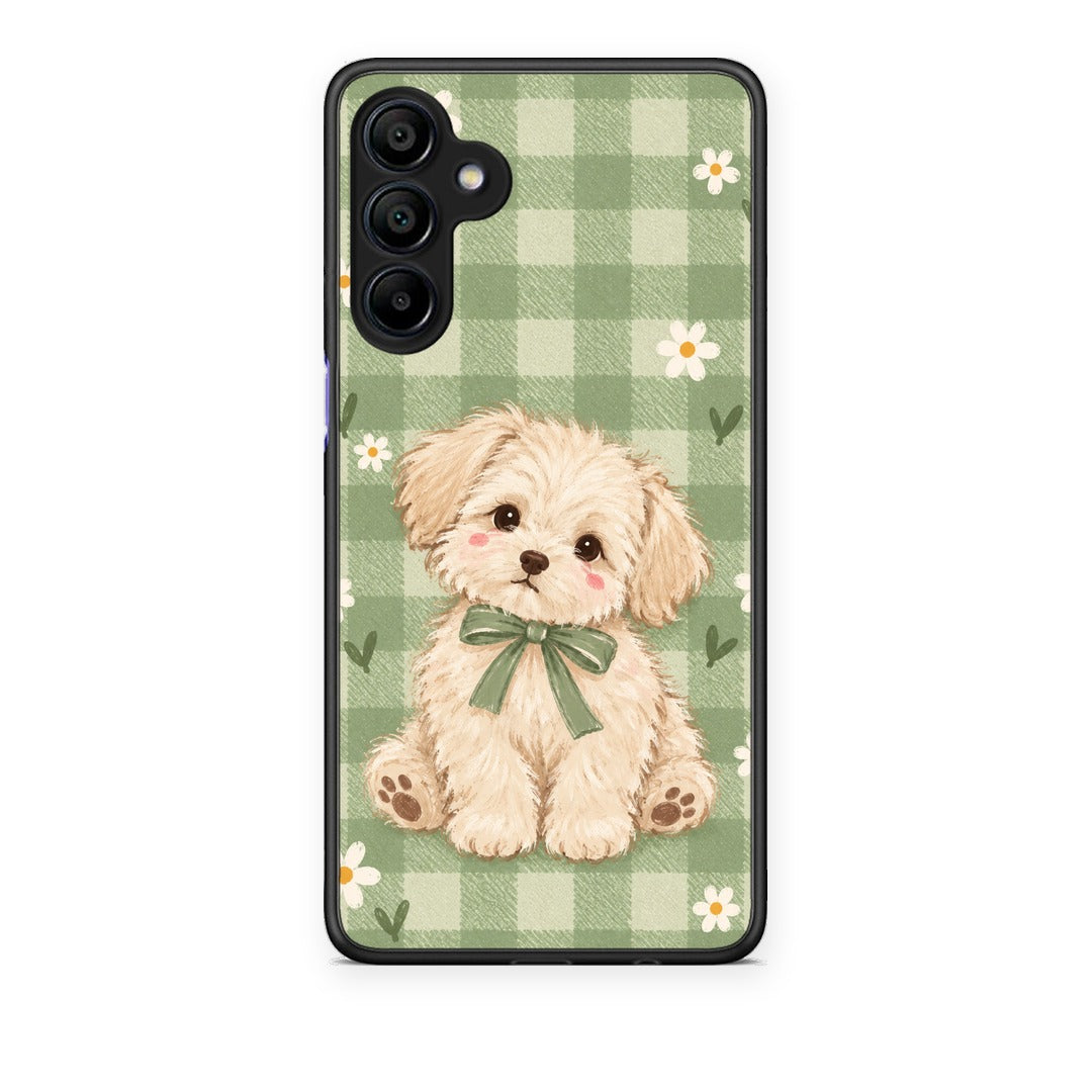 Θήκη Samsung Galaxy A15 4G / 5G Puppy and Daisies on Sage Gingham από τη Smartfits με σχέδιο στο πίσω μέρος και μαύρο περίβλημα | Samsung Galaxy A15 4G / 5G Puppy and Daisies on Sage Gingham case with colorful back and black bezels
