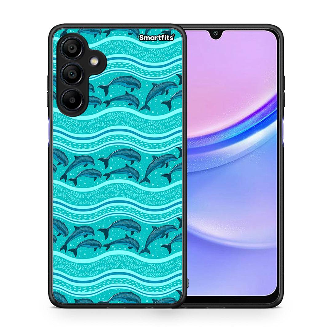 Θήκη Samsung Galaxy A15 4G Swimming Dolphins από τη Smartfits με σχέδιο στο πίσω μέρος και μαύρο περίβλημα | Samsung Galaxy A15 4G Swimming Dolphins case with colorful back and black bezels