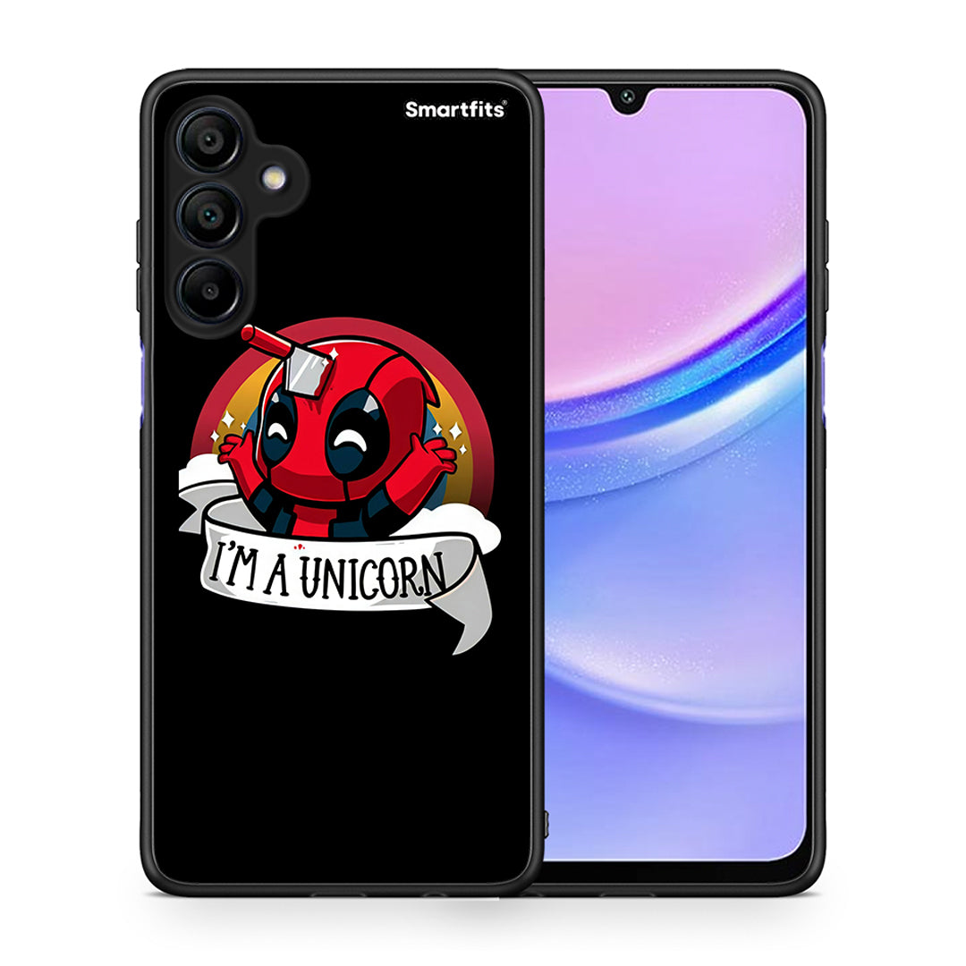 Θήκη Samsung Galaxy A15 4G Unicorn Deadpool από τη Smartfits με σχέδιο στο πίσω μέρος και μαύρο περίβλημα | Samsung Galaxy A15 4G Unicorn Deadpool case with colorful back and black bezels