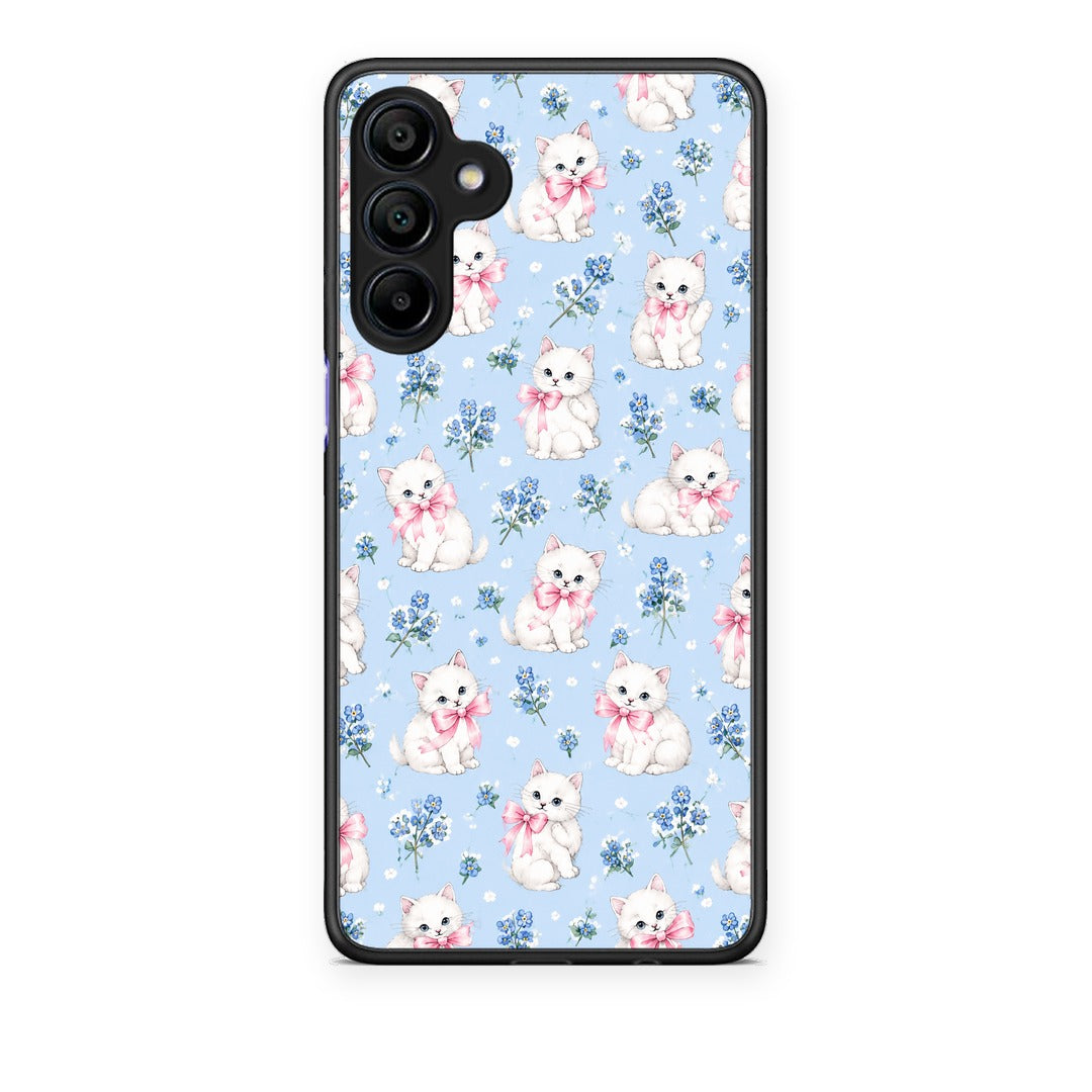 Θήκη Samsung Galaxy A15 4G / 5G White Kittens and Blue Flowers Small από τη Smartfits με σχέδιο στο πίσω μέρος και μαύρο περίβλημα | Samsung Galaxy A15 4G / 5G White Kittens and Blue Flowers Small case with colorful back and black bezels