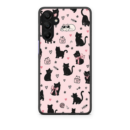 Θήκη Samsung A15 5G Black Cat Doodles on Pink από τη Smartfits με σχέδιο στο πίσω μέρος και μαύρο περίβλημα | Samsung A15 5G Black Cat Doodles on Pink case with colorful back and black bezels