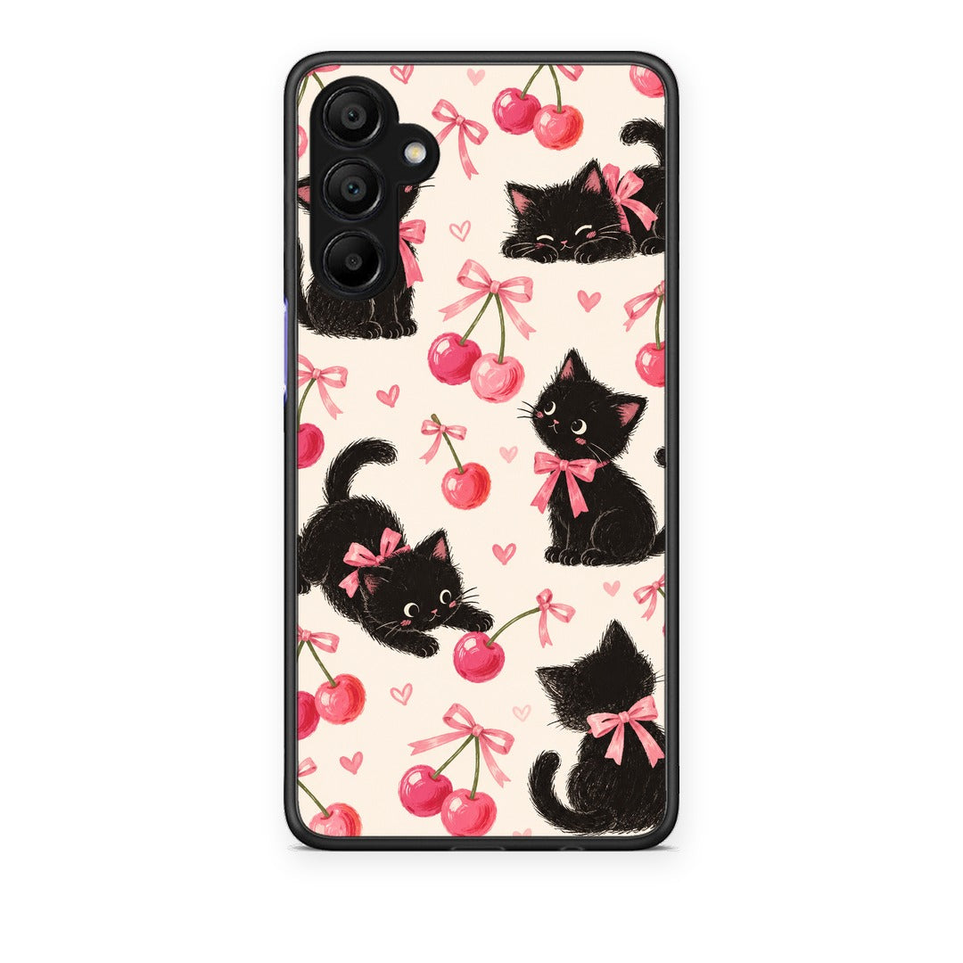 Θήκη Samsung A15 5G Black Kittens and Cherries on Cream από τη Smartfits με σχέδιο στο πίσω μέρος και μαύρο περίβλημα | Samsung A15 5G Black Kittens and Cherries on Cream case with colorful back and black bezels