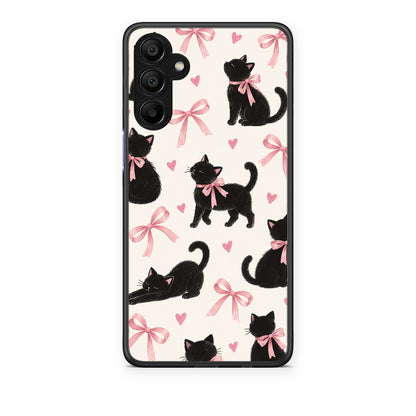 Θήκη Samsung A15 5G Black Kittens and Pink Bows on Cream Large από τη Smartfits με σχέδιο στο πίσω μέρος και μαύρο περίβλημα | Samsung A15 5G Black Kittens and Pink Bows on Cream Large case with colorful back and black bezels