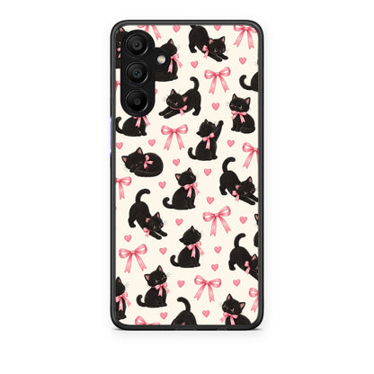 Θήκη Samsung A15 5G Black Kittens and Pink Bows on Cream Small από τη Smartfits με σχέδιο στο πίσω μέρος και μαύρο περίβλημα | Samsung A15 5G Black Kittens and Pink Bows on Cream Small case with colorful back and black bezels