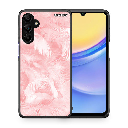 Θήκη Samsung A15 5G Pink Feather Boho από τη Smartfits με σχέδιο στο πίσω μέρος και μαύρο περίβλημα | Samsung A15 5G Pink Feather Boho case with colorful back and black bezels