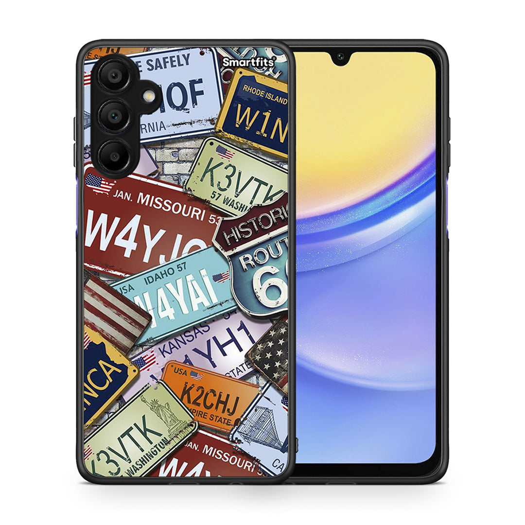 Θήκη Samsung A15 5G Car Plates από τη Smartfits με σχέδιο στο πίσω μέρος και μαύρο περίβλημα | Samsung A15 5G Car Plates case with colorful back and black bezels