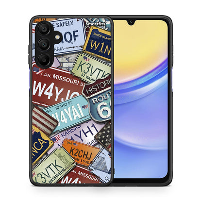 Θήκη Samsung A15 5G Car Plates από τη Smartfits με σχέδιο στο πίσω μέρος και μαύρο περίβλημα | Samsung A15 5G Car Plates case with colorful back and black bezels