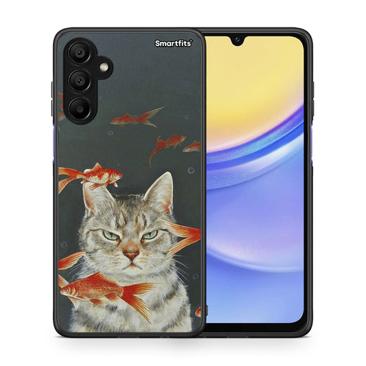 Θήκη Samsung A15 5G Cat Goldfish από τη Smartfits με σχέδιο στο πίσω μέρος και μαύρο περίβλημα | Samsung A15 5G Cat Goldfish case with colorful back and black bezels
