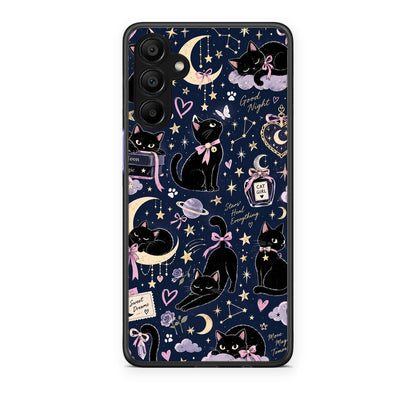 Θήκη Samsung A15 5G Celestial Black Cats on Navy από τη Smartfits με σχέδιο στο πίσω μέρος και μαύρο περίβλημα | Samsung A15 5G Celestial Black Cats on Navy case with colorful back and black bezels