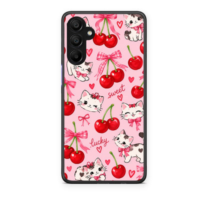Θήκη Samsung A15 5G Cherries Bows and Kittens on Pink από τη Smartfits με σχέδιο στο πίσω μέρος και μαύρο περίβλημα | Samsung A15 5G Cherries Bows and Kittens on Pink case with colorful back and black bezels