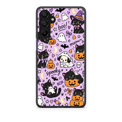 Θήκη Samsung A15 5G Halloween Black Cats on Lilac από τη Smartfits με σχέδιο στο πίσω μέρος και μαύρο περίβλημα | Samsung A15 5G Halloween Black Cats on Lilac case with colorful back and black bezels