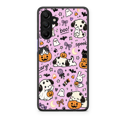 Θήκη Samsung A15 5G Halloween Puppies and Friends on Lilac από τη Smartfits με σχέδιο στο πίσω μέρος και μαύρο περίβλημα | Samsung A15 5G Halloween Puppies and Friends on Lilac case with colorful back and black bezels