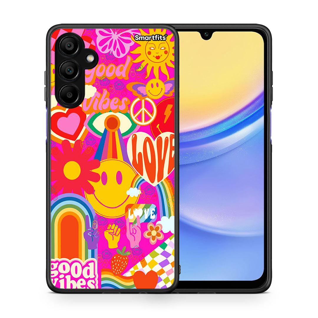 Θήκη Samsung A15 5G Hippie Love από τη Smartfits με σχέδιο στο πίσω μέρος και μαύρο περίβλημα | Samsung A15 5G Hippie Love case with colorful back and black bezels