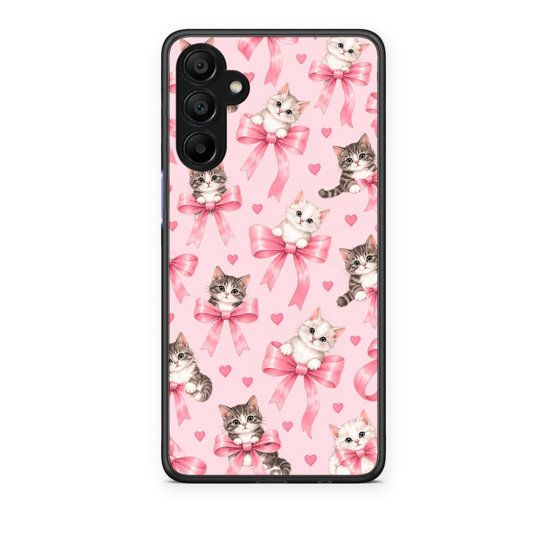 Θήκη Samsung A15 5G Kittens and Pink Bows on Pink από τη Smartfits με σχέδιο στο πίσω μέρος και μαύρο περίβλημα | Samsung A15 5G Kittens and Pink Bows on Pink case with colorful back and black bezels