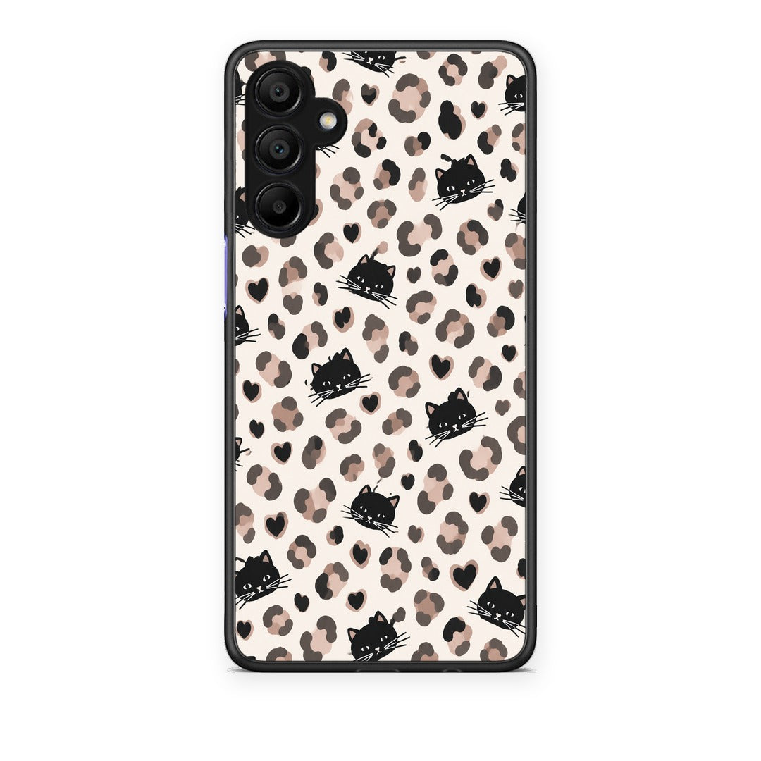 Θήκη Samsung A15 5G Leopard Spots and Black Cats on Cream από τη Smartfits με σχέδιο στο πίσω μέρος και μαύρο περίβλημα | Samsung A15 5G Leopard Spots and Black Cats on Cream case with colorful back and black bezels