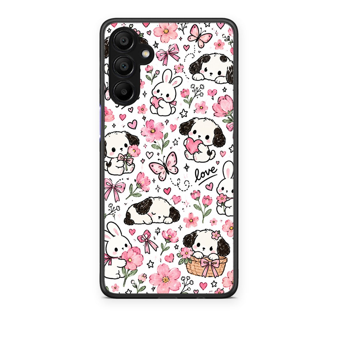 Θήκη Samsung A15 5G Pink Florals Puppies and Bunnies on White από τη Smartfits με σχέδιο στο πίσω μέρος και μαύρο περίβλημα | Samsung A15 5G Pink Florals Puppies and Bunnies on White case with colorful back and black bezels