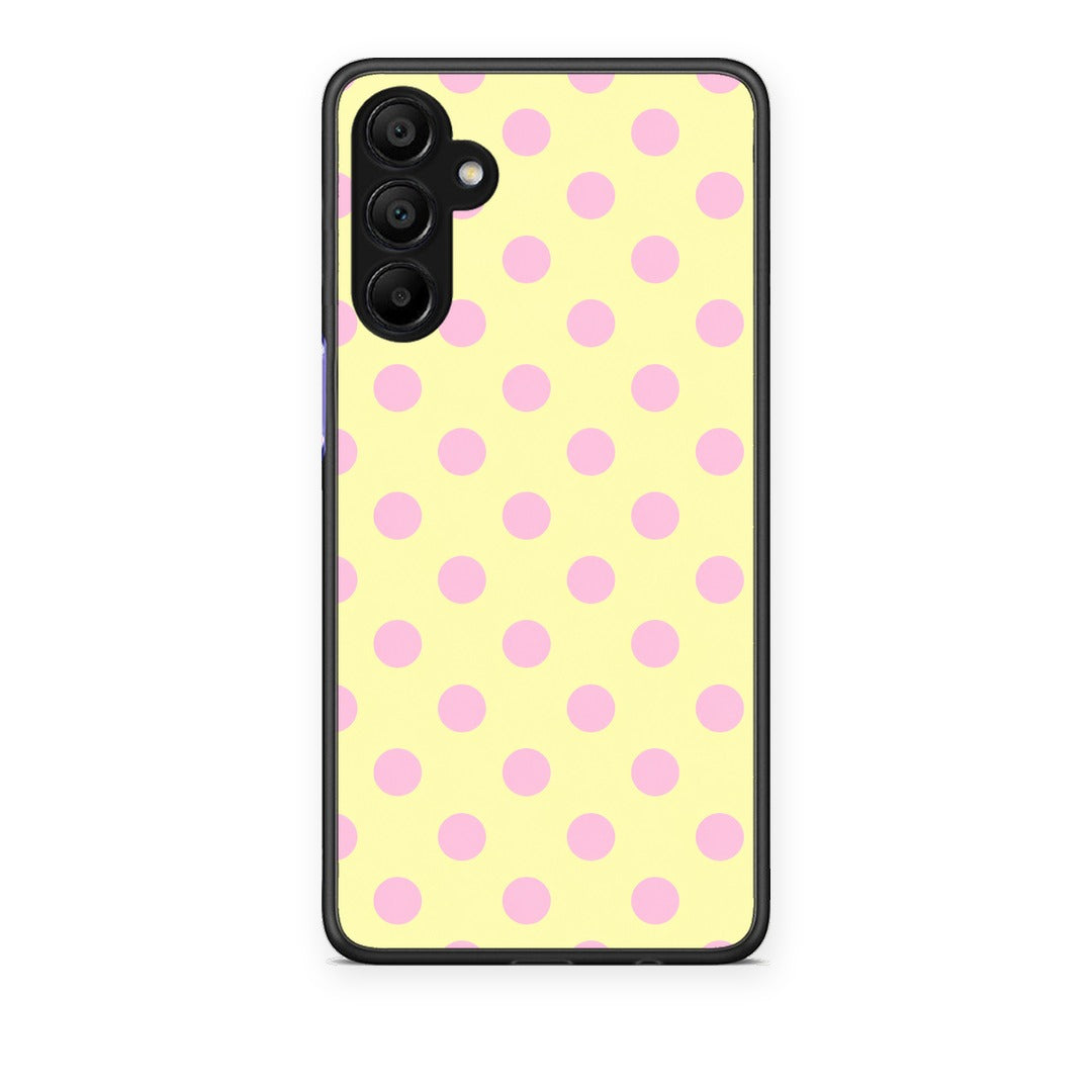Θήκη Samsung A15 5G Pink Polka Dots on Yellow από τη Smartfits με σχέδιο στο πίσω μέρος και μαύρο περίβλημα | Samsung A15 5G Pink Polka Dots on Yellow case with colorful back and black bezels
