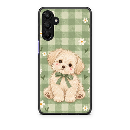 Θήκη Samsung A15 5G Puppy and Daisies on Sage Gingham από τη Smartfits με σχέδιο στο πίσω μέρος και μαύρο περίβλημα | Samsung A15 5G Puppy and Daisies on Sage Gingham case with colorful back and black bezels