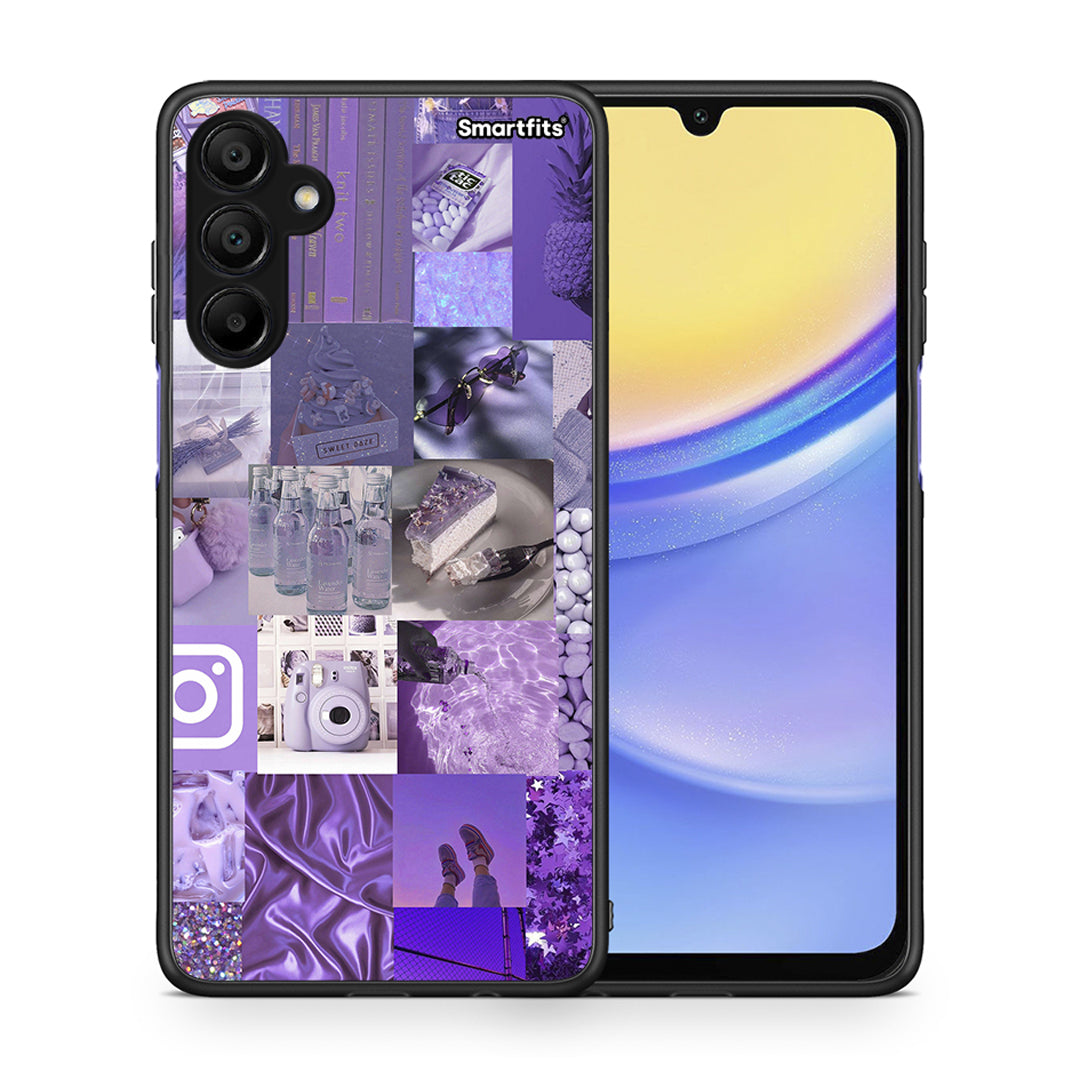 Θήκη Samsung A15 5G Purple Aesthetic Collage από τη Smartfits με σχέδιο στο πίσω μέρος και μαύρο περίβλημα | Samsung A15 5G Purple Aesthetic Collage case with colorful back and black bezels