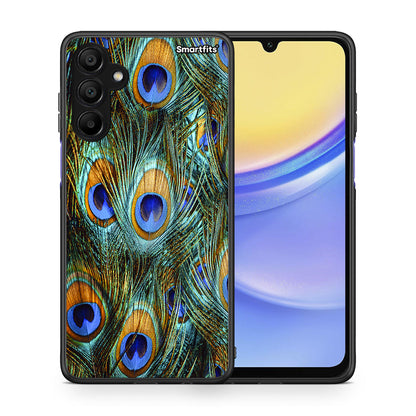 Θήκη Samsung A15 5G Real Peacock Feathers από τη Smartfits με σχέδιο στο πίσω μέρος και μαύρο περίβλημα | Samsung A15 5G Real Peacock Feathers case with colorful back and black bezels