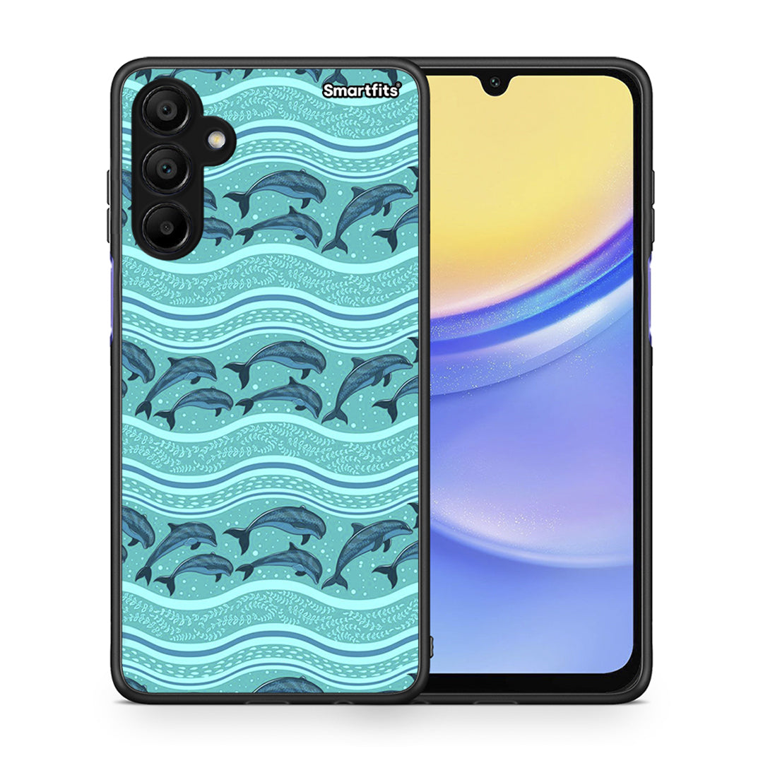 Θήκη Samsung Galaxy A15 5G Swimming Dolphins από τη Smartfits με σχέδιο στο πίσω μέρος και μαύρο περίβλημα | Samsung Galaxy A15 5G Swimming Dolphins case with colorful back and black bezels