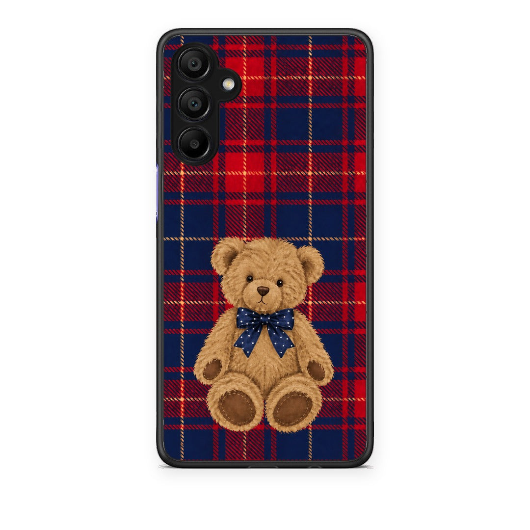 Θήκη Samsung A15 5G Teddy Bear on Red and Navy Tartan από τη Smartfits με σχέδιο στο πίσω μέρος και μαύρο περίβλημα | Samsung A15 5G Teddy Bear on Red and Navy Tartan case with colorful back and black bezels