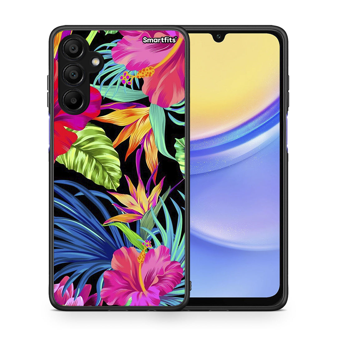 Θήκη Samsung A15 5G Tropical Flowers από τη Smartfits με σχέδιο στο πίσω μέρος και μαύρο περίβλημα | Samsung A15 5G Tropical Flowers case with colorful back and black bezels