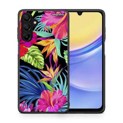 Θήκη Samsung A15 5G Tropical Flowers από τη Smartfits με σχέδιο στο πίσω μέρος και μαύρο περίβλημα | Samsung A15 5G Tropical Flowers case with colorful back and black bezels