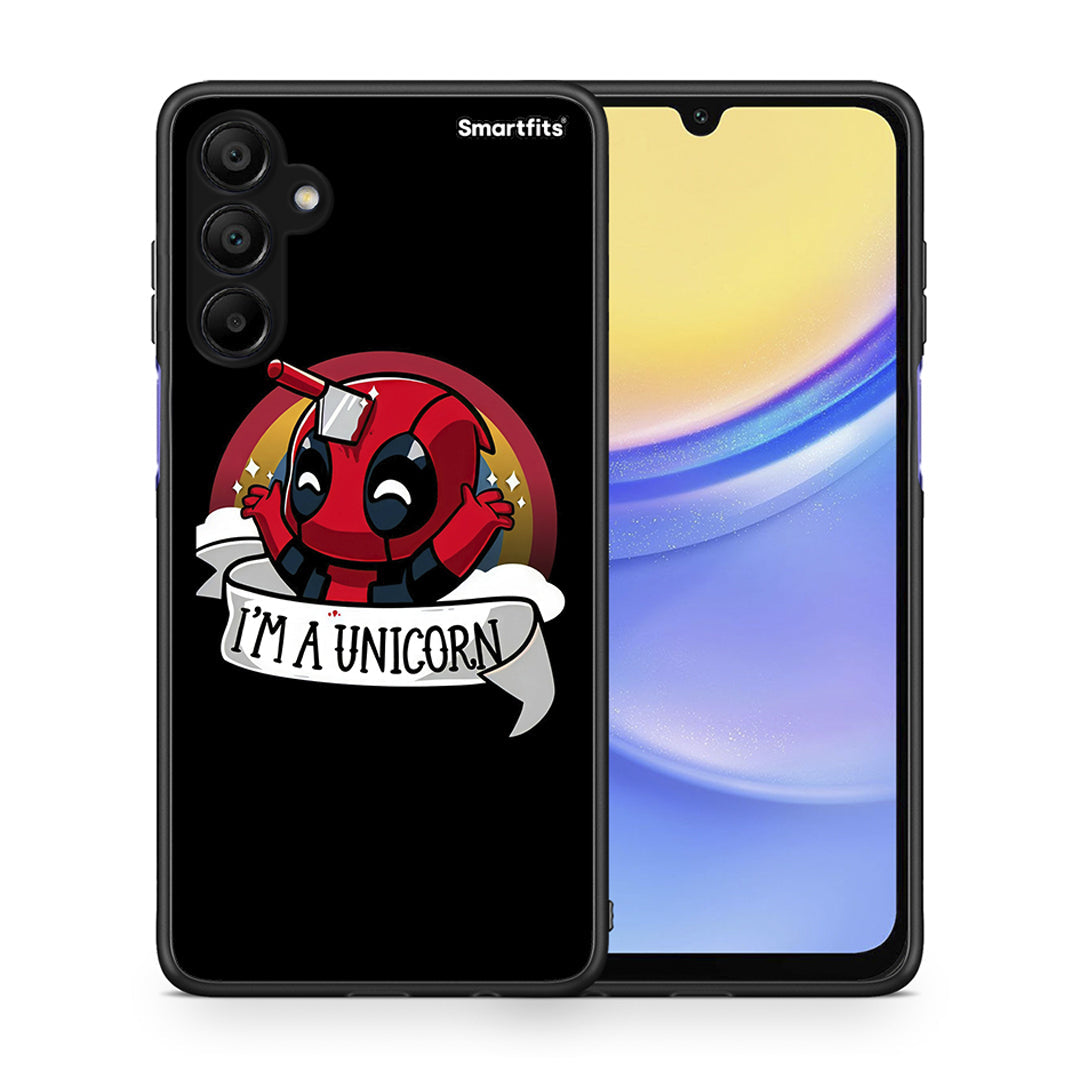 Θήκη Samsung A15 5G Unicorn Deadpool από τη Smartfits με σχέδιο στο πίσω μέρος και μαύρο περίβλημα | Samsung A15 5G Unicorn Deadpool case with colorful back and black bezels